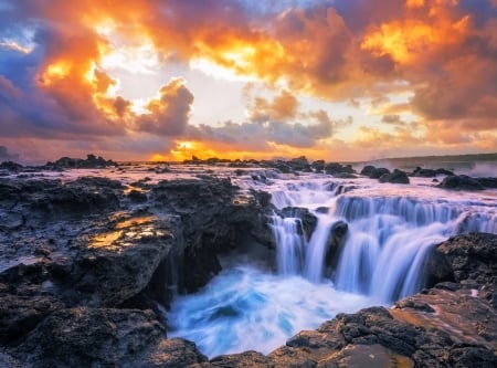 Kauai Island Sunrise - sky, ocean, hawaii, waterfall, rocks, coast, beautiful, clouds, golden, sunrise