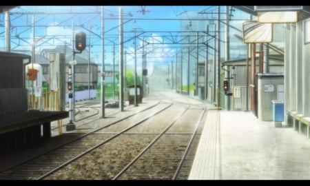 RailWay - beauty, nice, sky, road, floor, home, pretty, cloud, k-on, anime, lamp, house, scene, railway, building, scenic, lovely, traffic light, tracke, beautiful, scenery, kon, sweet, lamp post, pole