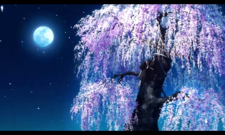 MoonShine - nice, sky, cherry blossom, glowing, pretty, anime, nurarihyon no mago, tree, scene, moon, nurarihyon, scenic, night, lovely, shining, floral, scenery, blossom, sweet, flower