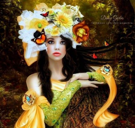 ~Flora with Butterflies~ - girls, love four seasons, photomanipulation, models, eyes, butterfly designs, fantasy, lady, lips, flowers in their hair, pretty, flowers, weird things people wear, digital art, beautiful girls, butterflies, creative pre-made, lovely, hair, colors, flora