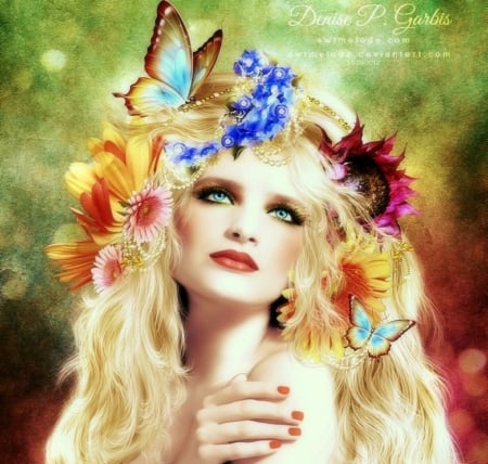 ~Flower Lady~ - photomanipulation, girls, models, lips, hair, eyes, fantasy, creative pre-made, pretty, digital art, flowers in their hair, butterflies, lady, beautiful girls, lovely, love four seasons, flora, weird things people wear, conceptual, butterfly designs, flowers, colors