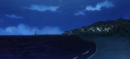 Soufrabi - hunter x hunter, sky, video game, clouds, 2011, anime, nen, manga, lighthouse, port city, soufrabi, night, shore, city, sea, lights, greed island arc