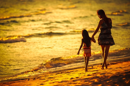 Summer Walk - woman, love, ocean, beach, ocean waves, girl, summer, child, sunset, mom, ea, waves, nature, evening, summer time