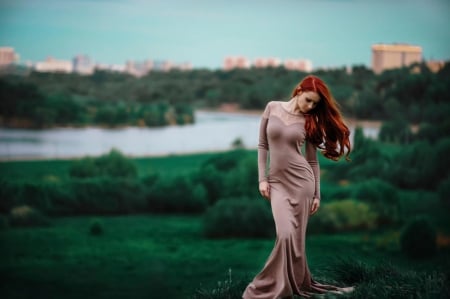 Red Head - female, river, city, red head, model