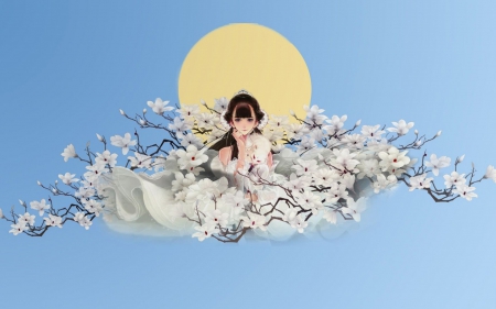 Spring beauty - flower, spring, blossom, anime, girl, blue, manga, art, white, fantasy, moon, branch