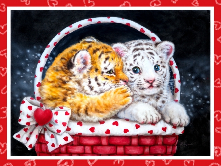 Love - pretty, heart, children, cats, kiss, hug, art, tigers, beautiful, lovely, love, sweet, basket, painting, cute, animals, wild