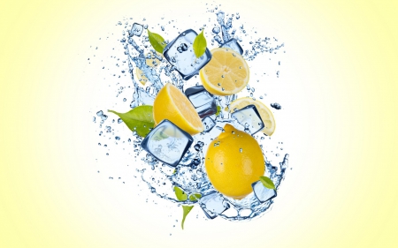 Lemons and ice - ice, yellow, blue, water, summer, food, fruit