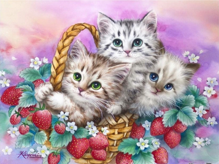 In strawberry basket - pretty, fun, summer, spring, joy, flowers, fluffy, kittens, garden, cats, friends, fruits, art, kitties, strawberries, beautiful, lovely, sweet, painting, cute, adorable