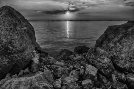 Sunset - lakes, lake, sunset, rocks