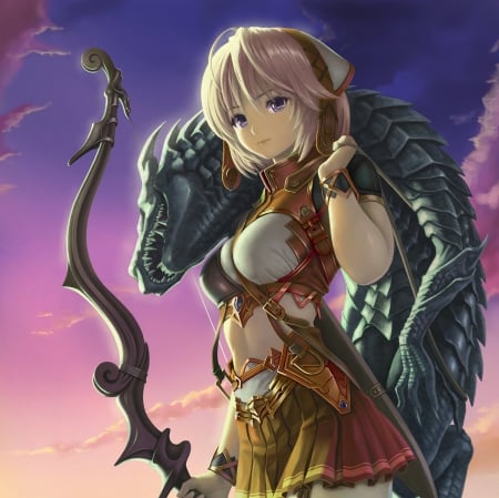 Slayer - pretty, anime, female, blonde, great, blond hair, armor, monster, short hair, dragon, blond, nice, spendid, anime girl, hunter, realistic, archer, beautiful, hot, girl, blonde hair, beauty, lovely, sweet, creature, wonderful, awesome, slayer, sexy, bow, good