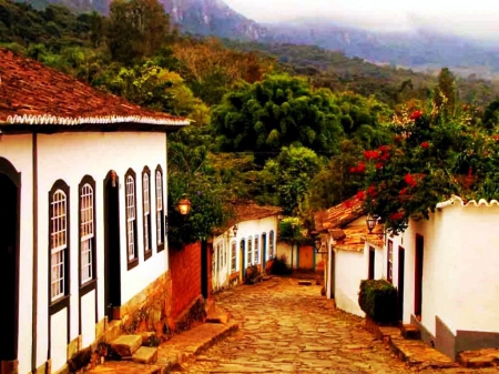 Cloudy Brazil - forest, path, houses, landscape, village, trees