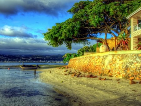 House at the Beach - water, boat, wall, photography, tree, sea, hdr