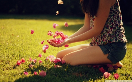 flower petals - girl, grass, flower, petals