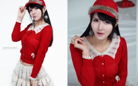 asian girl - hat, sweater, asian, red