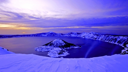 blue dawn on crater lake in winter - lake, crater, winter, island, dawn, blue