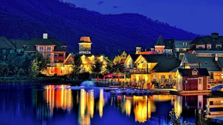 evening on a lakeside town hdr - fountain, town, lights, evening, hdr, lake, mountains