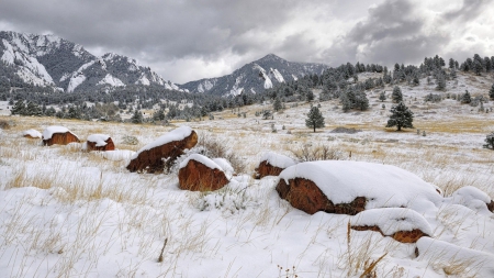 flatirons mountain formations in colorado - winter, mountains, overcast, rocks