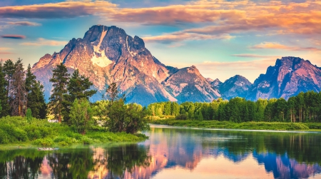 Early Morning At Snake River - clouds, reflections, trees, birds, Wyoming, sunrise, grass, forest, river, Mount Moran, first lights, Teton National Park, mountains, ducks