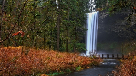 bridge by a wonderful waterfall - autumn, forest, cliff, river, waterfall, bridge