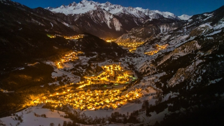 fantastic mountain winter resort town at dusk - town, winter, mountains, dusk, lights