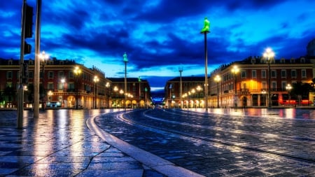 rain on a cobblestone street in a franch city hdr - street, tracks, rain, hdr, cobblestones, city, night