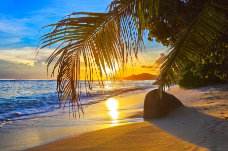 Sunset, Seychelles Islands - clouds, hills, yellow, summer, blue, beautiful, orange, sand, Pacific Ocean, tropical, green, palm trees, waves, paradise, peaceful, sky