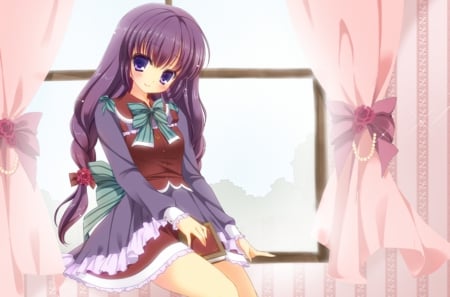 Lil' Missy - pretty, anime, kawaii, female, book, window, dress, sit, nice, sitting, purple hair, gown, anime girl, beautiful, curtains, girl, beauty, lovely, sweet, longhair, cute, adorable