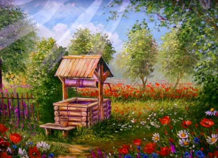 Garden with draw well - trees, summer, beautiful, lovely, flower, flowers, nature, draw well, rays, painting, garden, yard, paradise, art