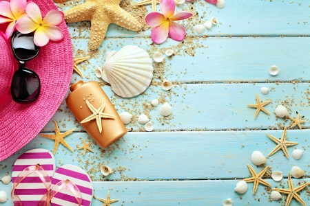 â™¥Marine Still Lifeâ™¥ - flip-flops, summer, accessories, beautiful, vacation, hat, starfish, colorful, sunglasses, pretty, flowers, still life, marine, wood, plumeria, star, sea, shells, seashells