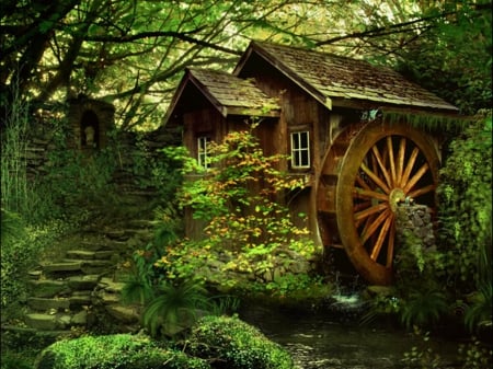 Forest Mill - watermill, river, trees, nature, stairs