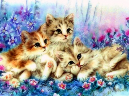 ..Mischief Makers.. - animals, spring, creative pre-made, pretty, triple kitten, paintings, cute, adorable, draw and paint, lovely, love four seasons, weird things people wear, dogs and cats, cats, seasons, beloved valentines, flowers