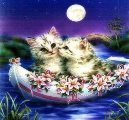 ..Honeymoon.. - animals, creative pre-made, moons, painting, pretty, artwork, paintings, cute, boat, stars, adorable, draw and paint, night, summer, lovely, honeymoon, love four seasons, weird things people wear, cats, seasons, beloved valentines, flowers