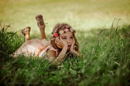 So cute - beauty, lying, girl, crown of roses, grass, cute