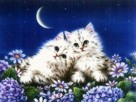 ..Moonlight Rendezvous.. - animals, kittens, spring, creative pre-made, pretty, moonlight, paintings, cute, adorable, couple, draw and paint, summer, lovely, love four seasons, weird things people wear, cats, rendezvous, dogs and cats, seasons, beloved valentines