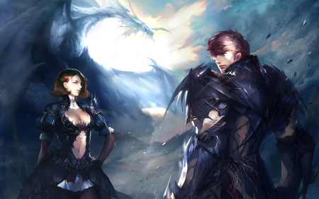 Lineage 2 - game, 2, blue, girl, guy, man, armor, fantasy, dragon, lineage, woman, couple