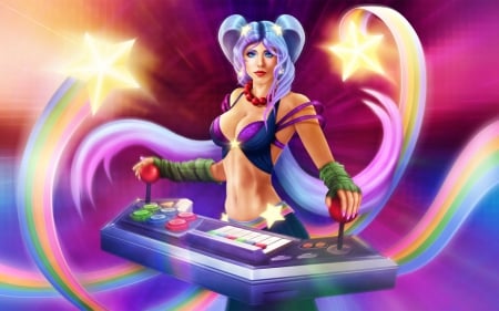 Sona - woman, rainbow, girl, music, fantasy, game, sona, league of legends, pink, blue