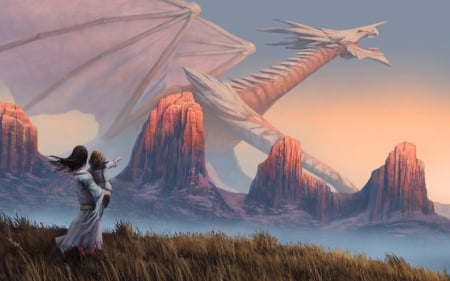 Dragon - child, rock, digital, mother, game, peopel, ngs, blue, art, wings, fantasy, orange, dragon, mist, mountain, stone