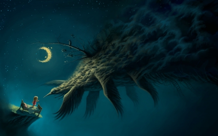 Fantasy - moon, bird, stone, blue, rock, night, child, dream, monster, fantasy, digital, art