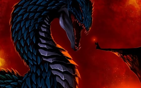 Dragon - magical, fantasy, art, game, wizard, man, red, blue, dragon