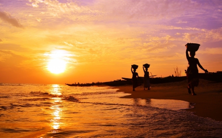 Summer - woman, silhouette, beach, sun, summer, sunset, black, orange, sea