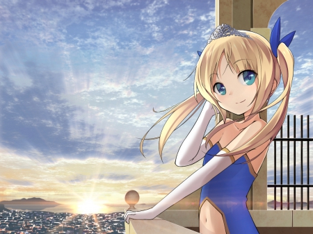 Balcony - pretty, twin tail, female, scenery, scene, sunrise, light, sunray, blond, princess, balcony, nice, sunlight, royalty, ray, beauty, sunset, horizon, anime, tiara, twintail, crown, dress, blonde, blond hair, long hair, sky, twin tails, anime girl, twintails, beautiful, girl, blonde hair, lovely, sweet, cloud