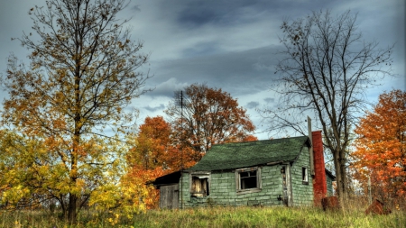 abandoned cabin in a autumn forest hdr - cabin, overcast, autumn, hdr, forest, abandoned