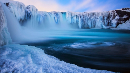 magnificent iclandic waterfall in winter - ice, snow, winter, pool, waterfall