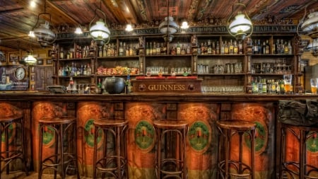 fantastic old fashioned wooden bar hdr - wooden, bar, chairs, bottles, hdr