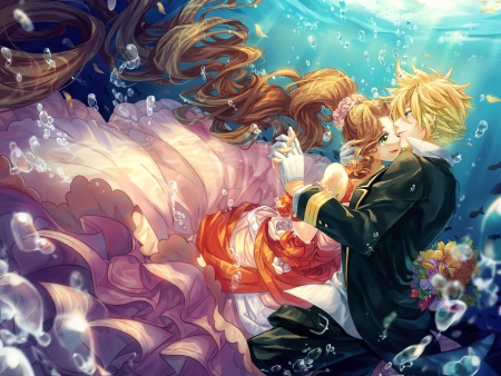 Sea of Love - pretty, female, romantic, romance, Aerith Gainsborough, final fantasy, happy, blond, nice, video game, swim, gown, flowr, petals, bouquet, bubbles, anime, dress, blonde, blond hair, long hair, float, short hair, gorgeous, Cloud Strife, smiling, anime couple, game, anime girl, water, girl, blonde hair, lovely, brown hair, sweet, smile, underwater, couple