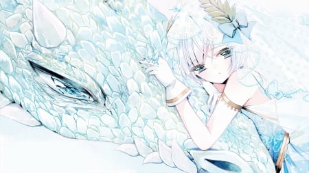 Friends 4 ever! - pretty, magic, female, light, white hair, dragon, goddess, princess, friends, nice, luna, blue eyes, white dragon, life, lights, butterfly, cute, fantas, anime, dress, long hair, wedding dress, lumierre, ribbon, bbon, anime girl, blush, cool, sweet, glowing, majo no shinzou, awesome, gloves