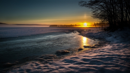 sunset on a frozen lake