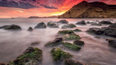 misty rocky seashore at sunset - moss, rocks, cliffs, sunset, sea, mist, shore