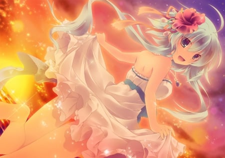 She Dances with The Sunset - beauty, nice, sky, female, smiling, sundress, water, sunset, anime girl, pretty, cloud, evening, anime, dancing, scene, dance, girl, gown, lovely, beautiful, sweet, smile, happy, dress