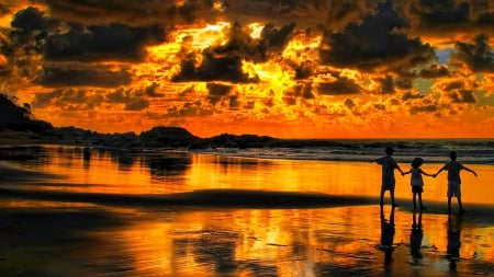 New Dawn Wonder - ocean, beach, golden sky, rocks, children, beautiful, dawn, clouds, sand, sunrise